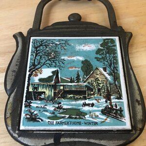 Vtg 1970s Cast Iron teapot trivet with tile- "The Farmer's Home-Winter" 7 Star